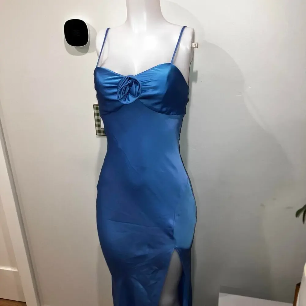 Blue satin maxi dress with 3D floral detail